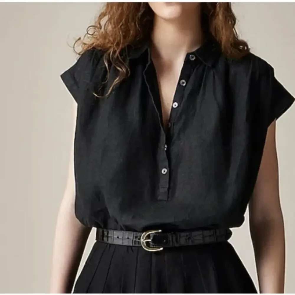 J.CREW Womens Baird McNutt Irish Linen Capitaine Shirt Blouse Size M Black CG943